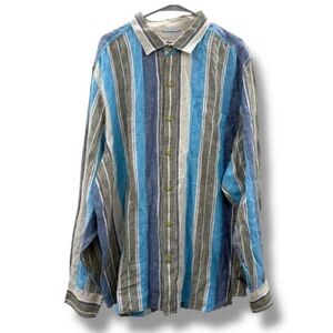 Tommy Bahama 100% Linen Long Sleeve Striped Button Down Shirt Sz XXL Blue Cream
